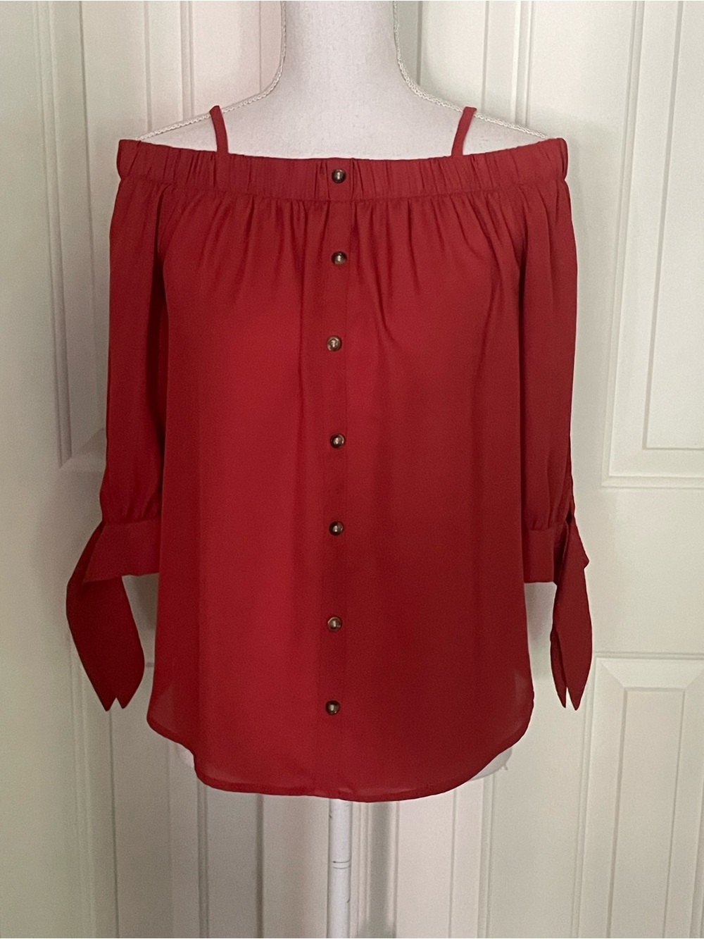 Blouse Women's Short Sleeve Top Off Shoulders Rust Color Tie Sleeves